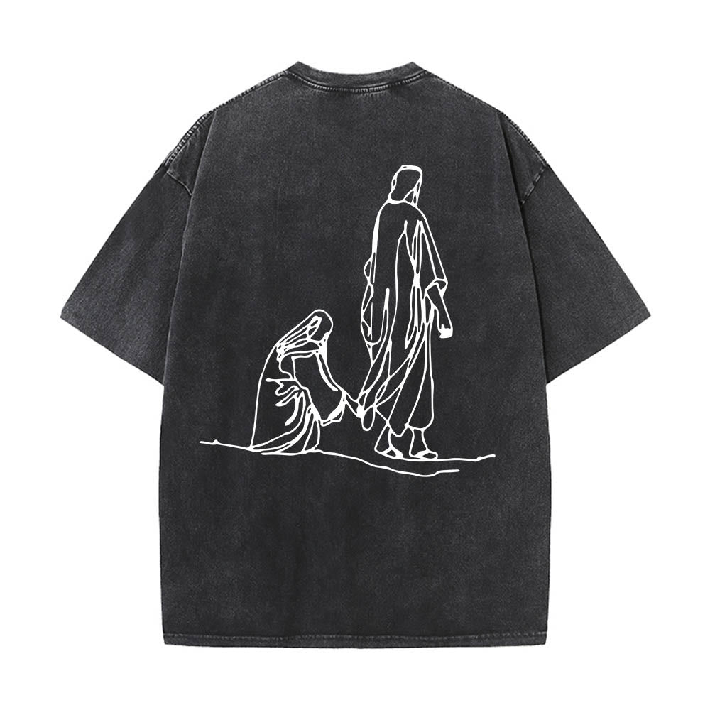 Christianartworkshop T-shirt délavé avec citation de Matthieu 9:20-22 : Femme saignante touchant le Christ, robe, dessin au trait, imprimé au dos. - image 11