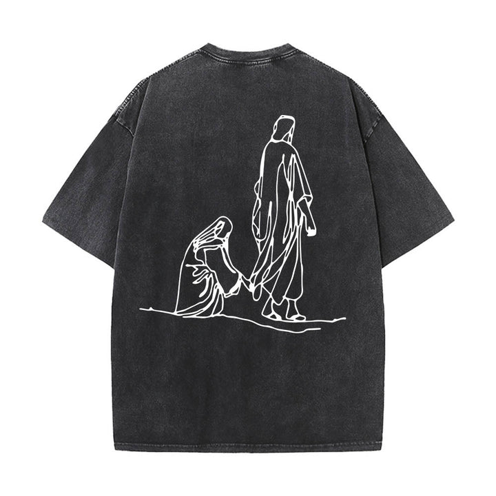 Christianartworkshop T-shirt délavé avec citation de Matthieu 9:20-22 : Femme saignante touchant le Christ, robe, dessin au trait, imprimé au dos. - image 11