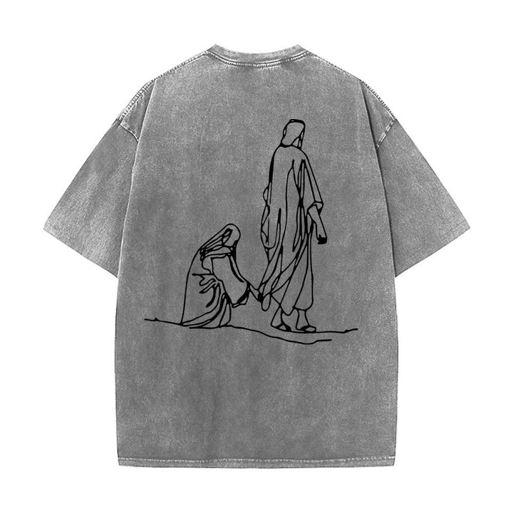 Christianartworkshop T-shirt délavé avec citation de Matthieu 9:20-22 : Femme saignante touchant le Christ, robe, dessin au trait, imprimé au dos. - image 8