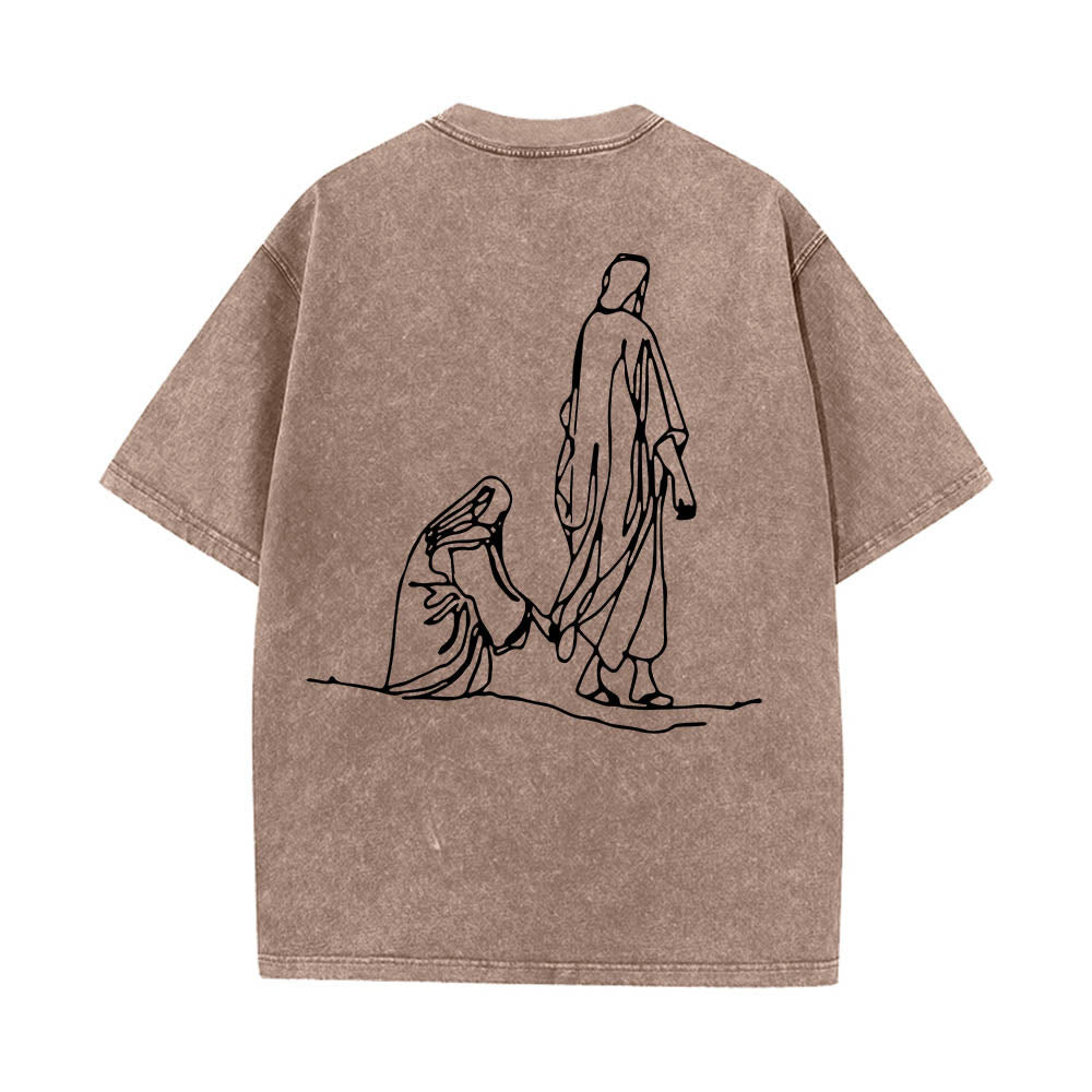 Christianartworkshop T-shirt délavé avec citation de Matthieu 9:20-22 : Femme saignante touchant le Christ, robe, dessin au trait, imprimé au dos. - image 2