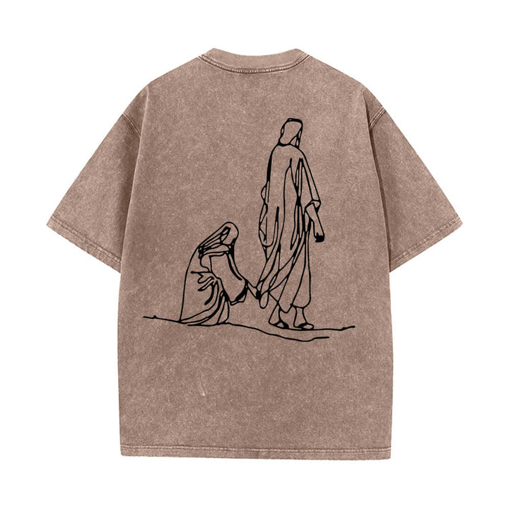 Christianartworkshop T-shirt délavé avec citation de Matthieu 9:20-22 : Femme saignante touchant le Christ, robe, dessin au trait, imprimé au dos. - image 2