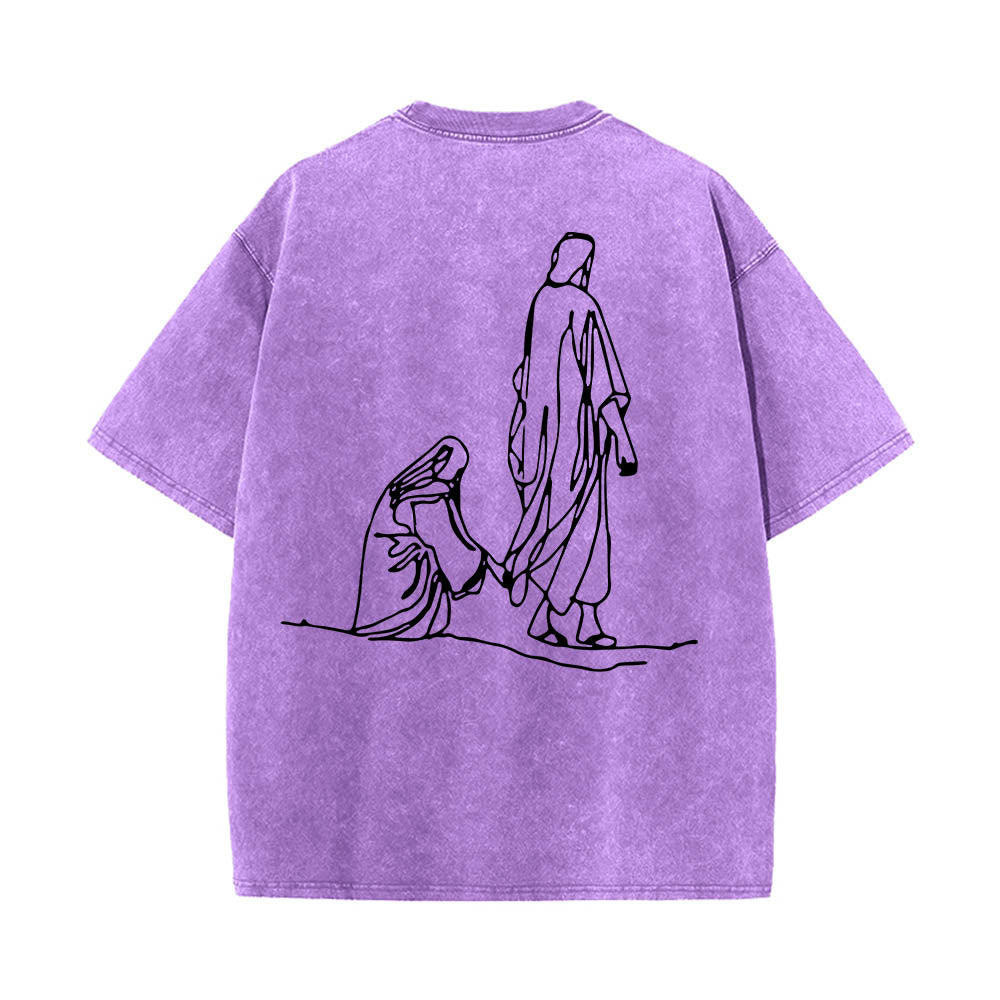Christianartworkshop T-shirt délavé avec citation de Matthieu 9:20-22 : Femme saignante touchant le Christ, robe, dessin au trait, imprimé au dos. - image 20