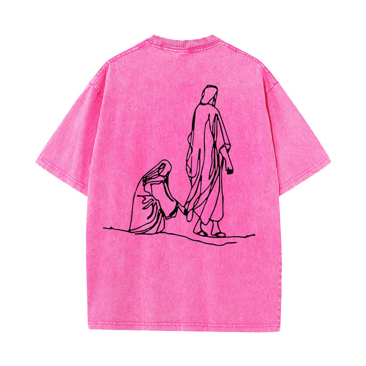 Christianartworkshop T-shirt délavé avec citation de Matthieu 9:20-22 : Femme saignante touchant le Christ, robe, dessin au trait, imprimé au dos. - image 23