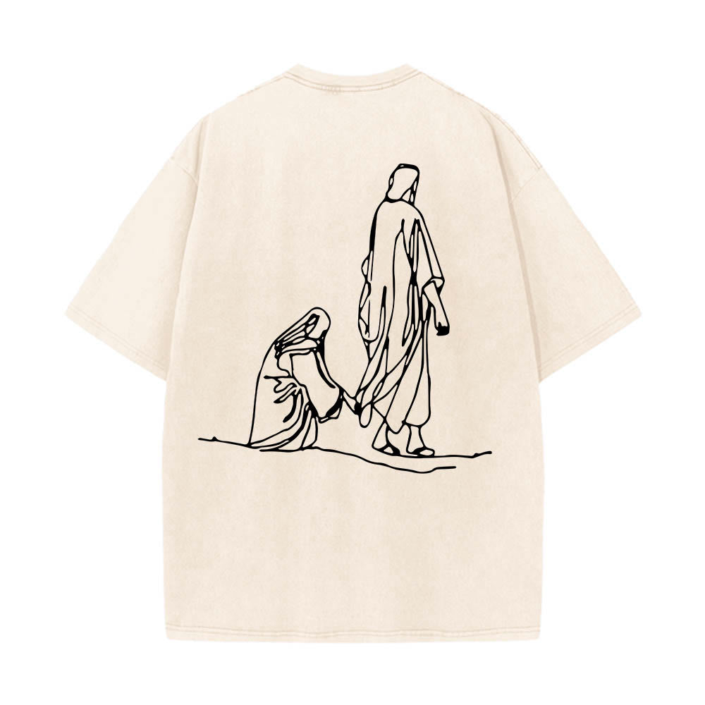 Christianartworkshop T-shirt délavé avec citation de Matthieu 9:20-22 : Femme saignante touchant le Christ, robe, dessin au trait, imprimé au dos. - image 5