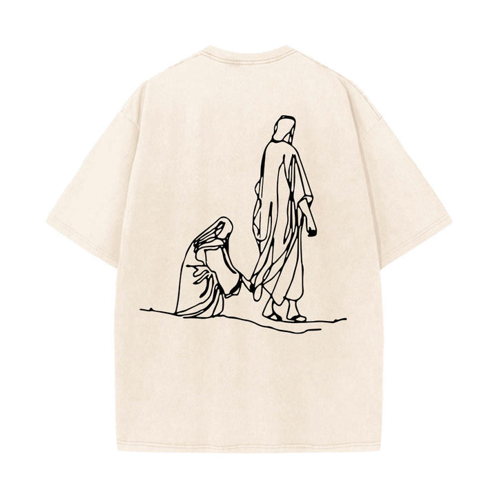 Christianartworkshop T-shirt délavé avec citation de Matthieu 9:20-22 : Femme saignante touchant le Christ, robe, dessin au trait, imprimé au dos. - image 5