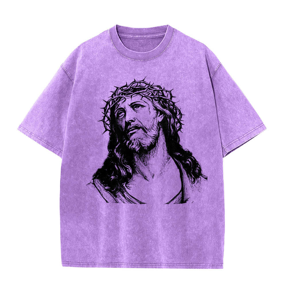 Christianartworkshop T-shirt délavé avec imprimé recto verso « Buste de Jésus couronné d’épines » (Jean 14:27) et inscription recto verso. - image 19