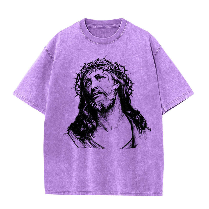 Christianartworkshop T-shirt délavé avec imprimé recto verso « Buste de Jésus couronné d’épines » (Jean 14:27) et inscription recto verso. - image 19