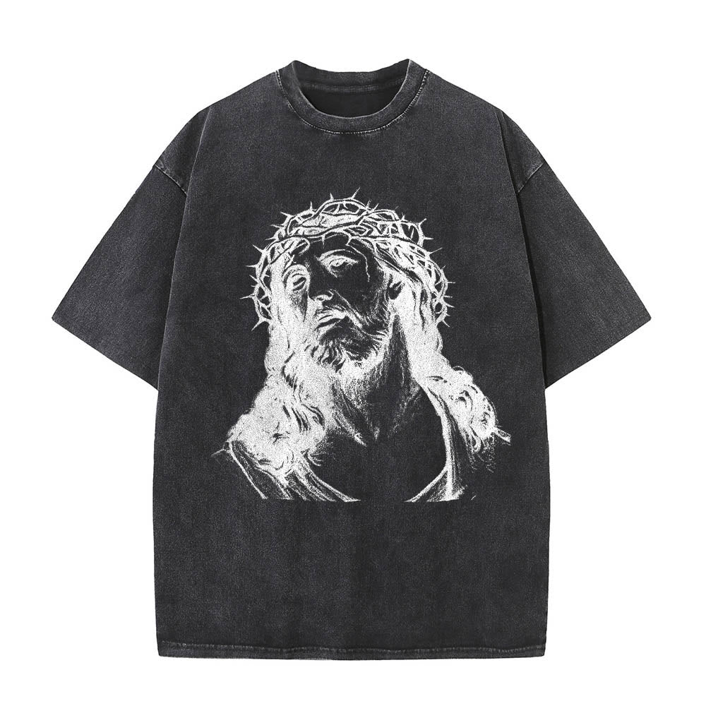 Christianartworkshop T-shirt délavé avec imprimé recto verso « Buste de Jésus couronné d’épines » (Jean 14:27) et inscription recto verso. - image 10