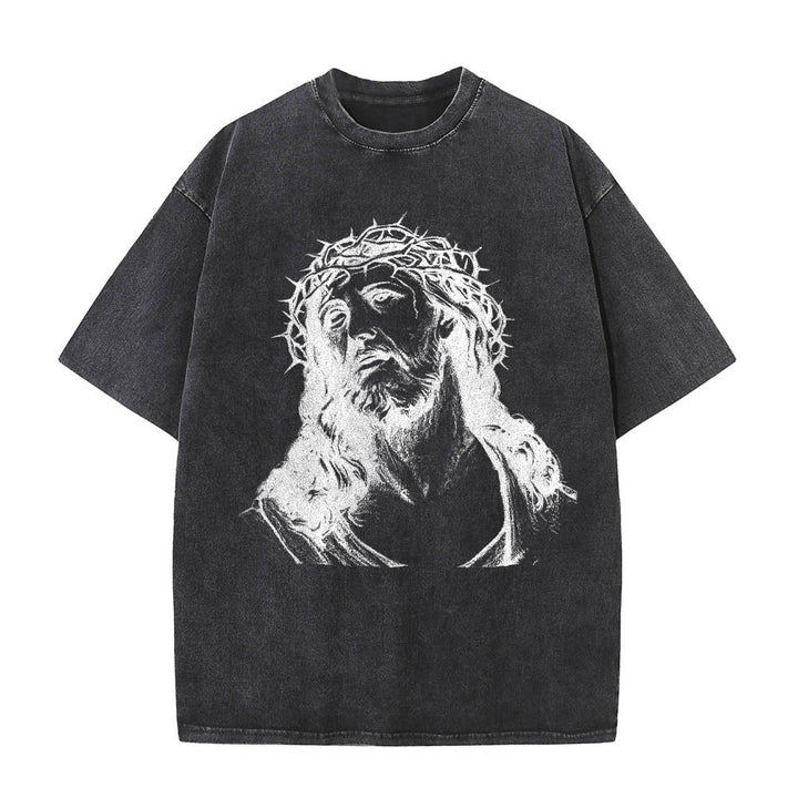 Christianartworkshop T-shirt délavé avec imprimé recto verso « Buste de Jésus couronné d’épines » (Jean 14:27) et inscription recto verso. - image 10