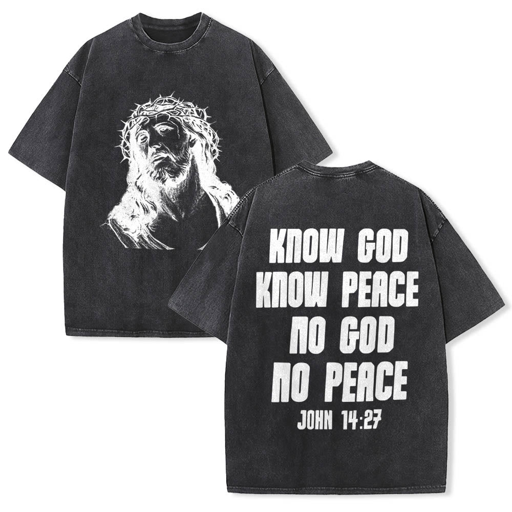 Christianartworkshop T-shirt délavé avec imprimé recto verso « Buste de Jésus couronné d’épines » (Jean 14:27) et inscription recto verso. - Noir - 5XL - image 9