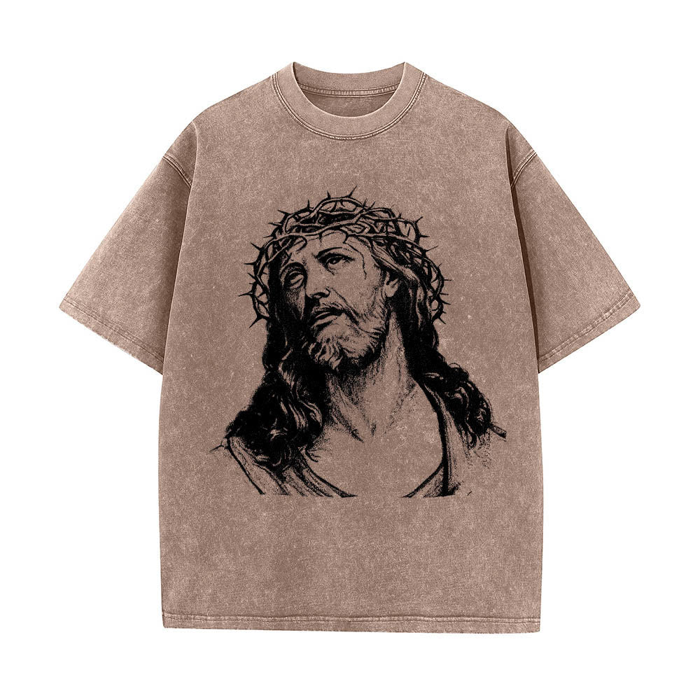 Christianartworkshop T-shirt délavé avec imprimé recto verso « Buste de Jésus couronné d’épines » (Jean 14:27) et inscription recto verso. - image 4