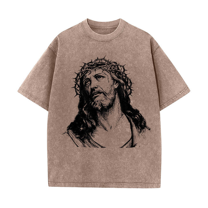 Christianartworkshop T-shirt délavé avec imprimé recto verso « Buste de Jésus couronné d’épines » (Jean 14:27) et inscription recto verso. - image 4