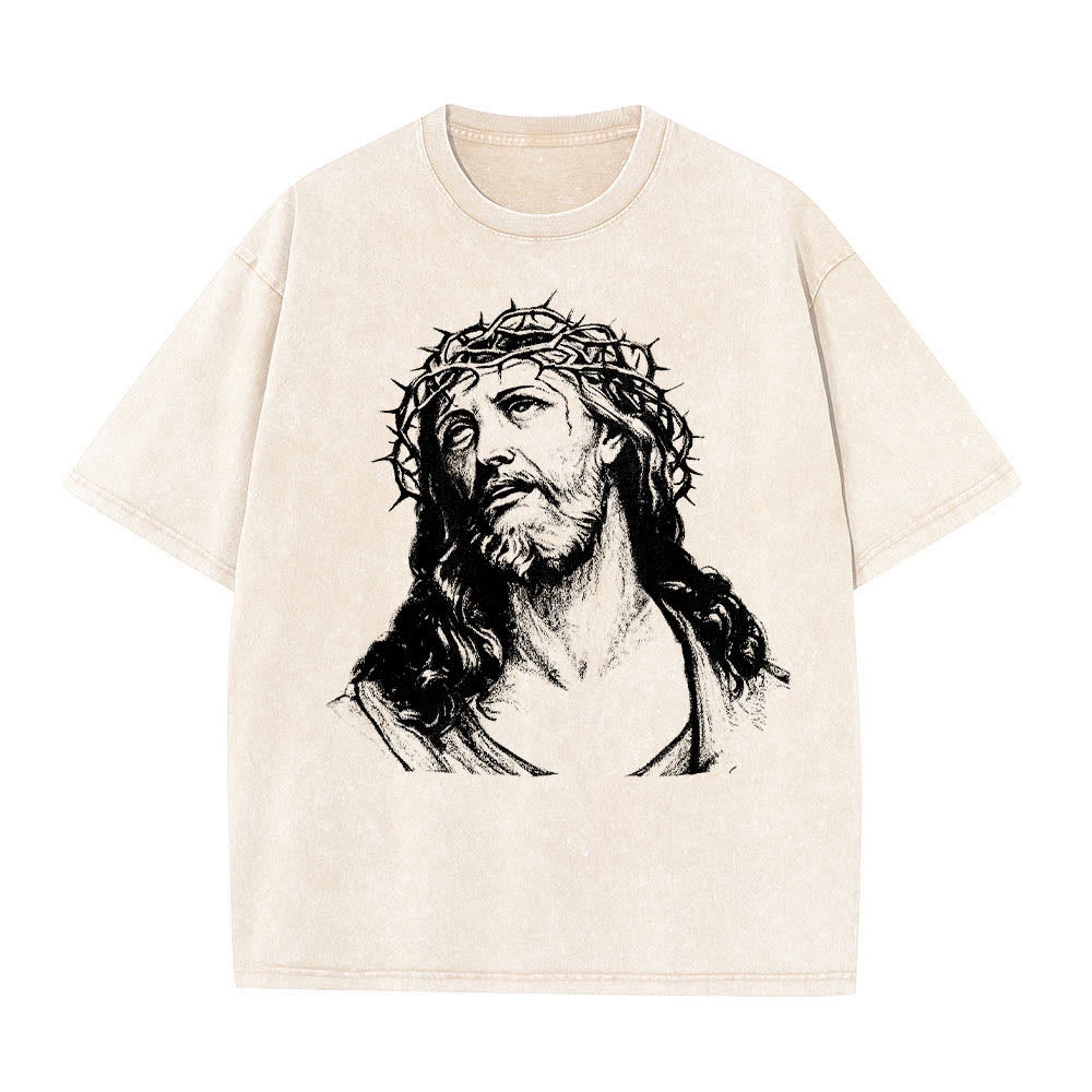 Christianartworkshop T-shirt délavé avec imprimé recto verso « Buste de Jésus couronné d’épines » (Jean 14:27) et inscription recto verso. - image 1