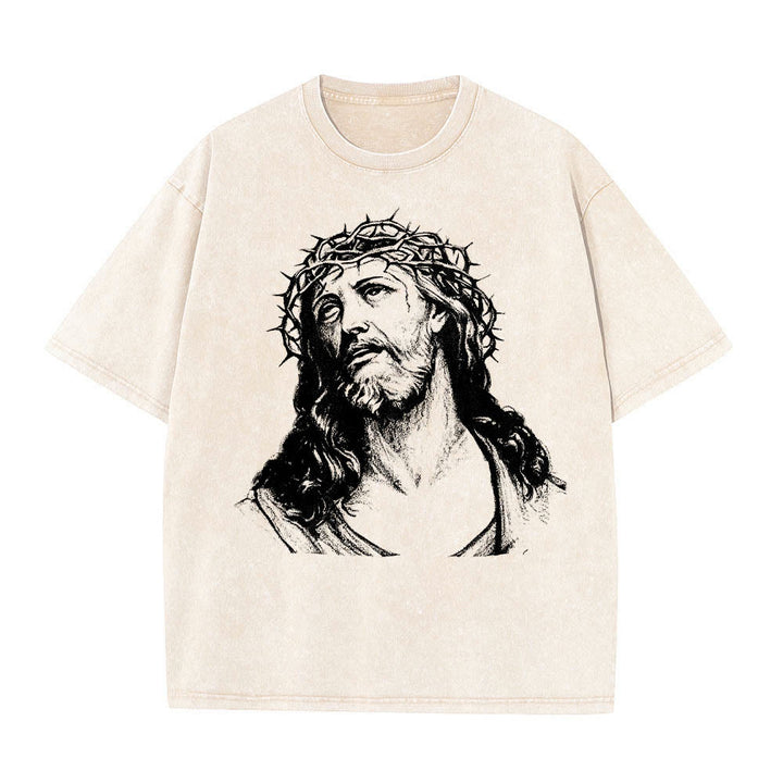 Christianartworkshop T-shirt délavé avec imprimé recto verso « Buste de Jésus couronné d’épines » (Jean 14:27) et inscription recto verso. - image 1