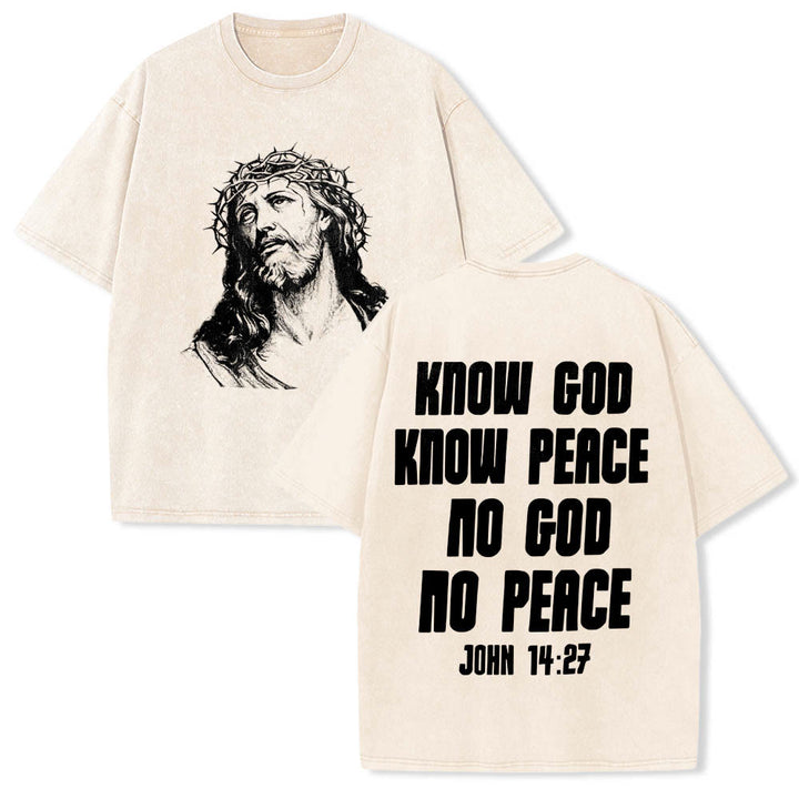 Christianartworkshop T-shirt délavé avec imprimé recto verso « Buste de Jésus couronné d’épines » (Jean 14:27) et inscription recto verso. - Beige - 5XL - image 0