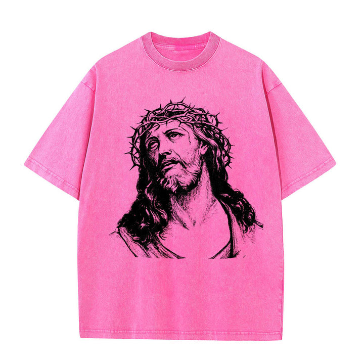 Christianartworkshop T-shirt délavé avec imprimé recto verso « Buste de Jésus couronné d’épines » (Jean 14:27) et inscription recto verso. - image 22