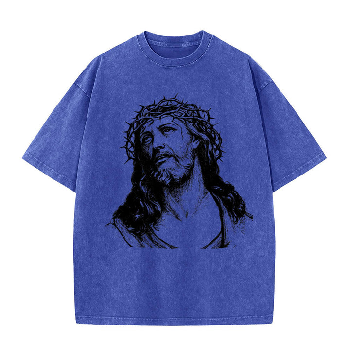 Christianartworkshop T-shirt délavé avec imprimé recto verso « Buste de Jésus couronné d’épines » (Jean 14:27) et inscription recto verso. - image 13