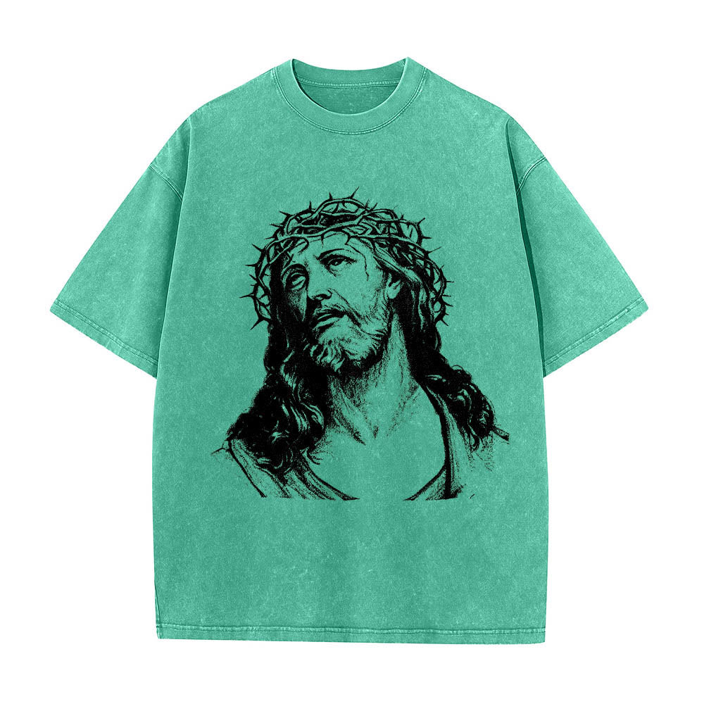 Christianartworkshop T-shirt délavé avec imprimé recto verso « Buste de Jésus couronné d’épines » (Jean 14:27) et inscription recto verso. - image 16