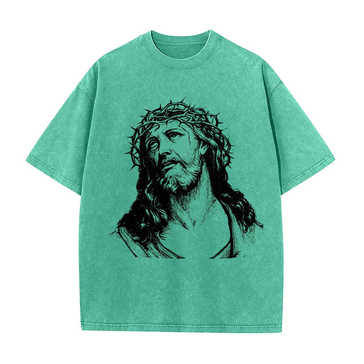 Christianartworkshop T-shirt délavé avec imprimé recto verso « Buste de Jésus couronné d’épines » (Jean 14:27) et inscription recto verso. - image 16