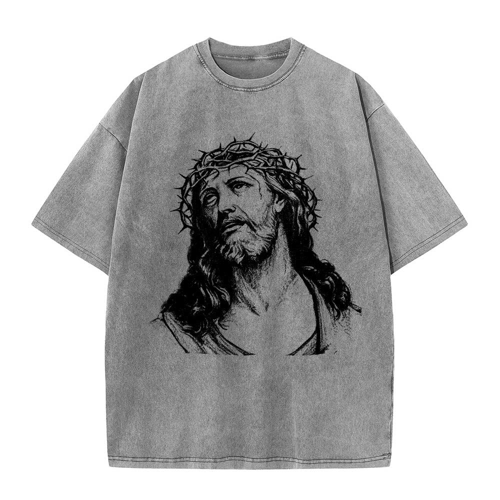 Christianartworkshop T-shirt délavé avec imprimé recto verso « Buste de Jésus couronné d’épines » (Jean 14:27) et inscription recto verso. - image 7