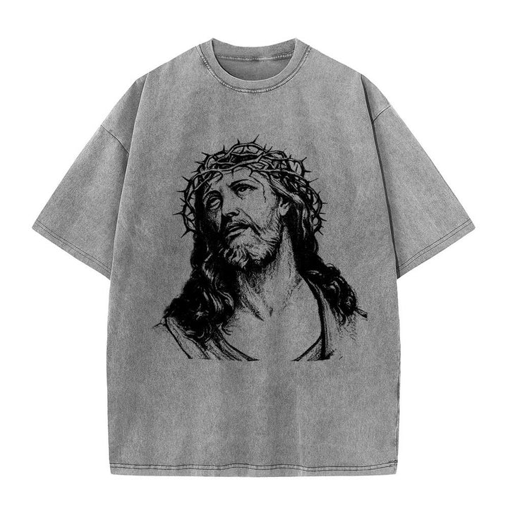 Christianartworkshop T-shirt délavé avec imprimé recto verso « Buste de Jésus couronné d’épines » (Jean 14:27) et inscription recto verso. - image 7