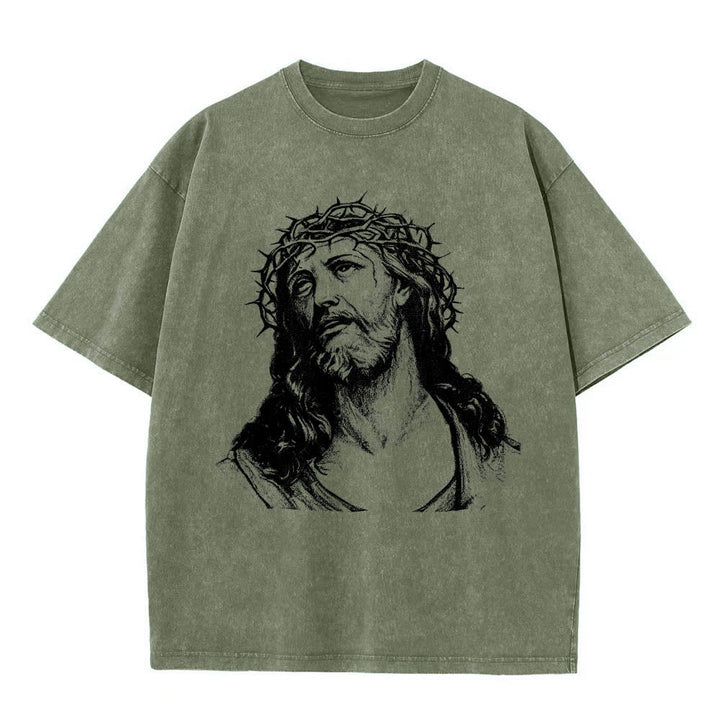 Christianartworkshop T-shirt délavé avec imprimé recto verso « Buste de Jésus couronné d’épines » (Jean 14:27) et inscription recto verso. - image 25