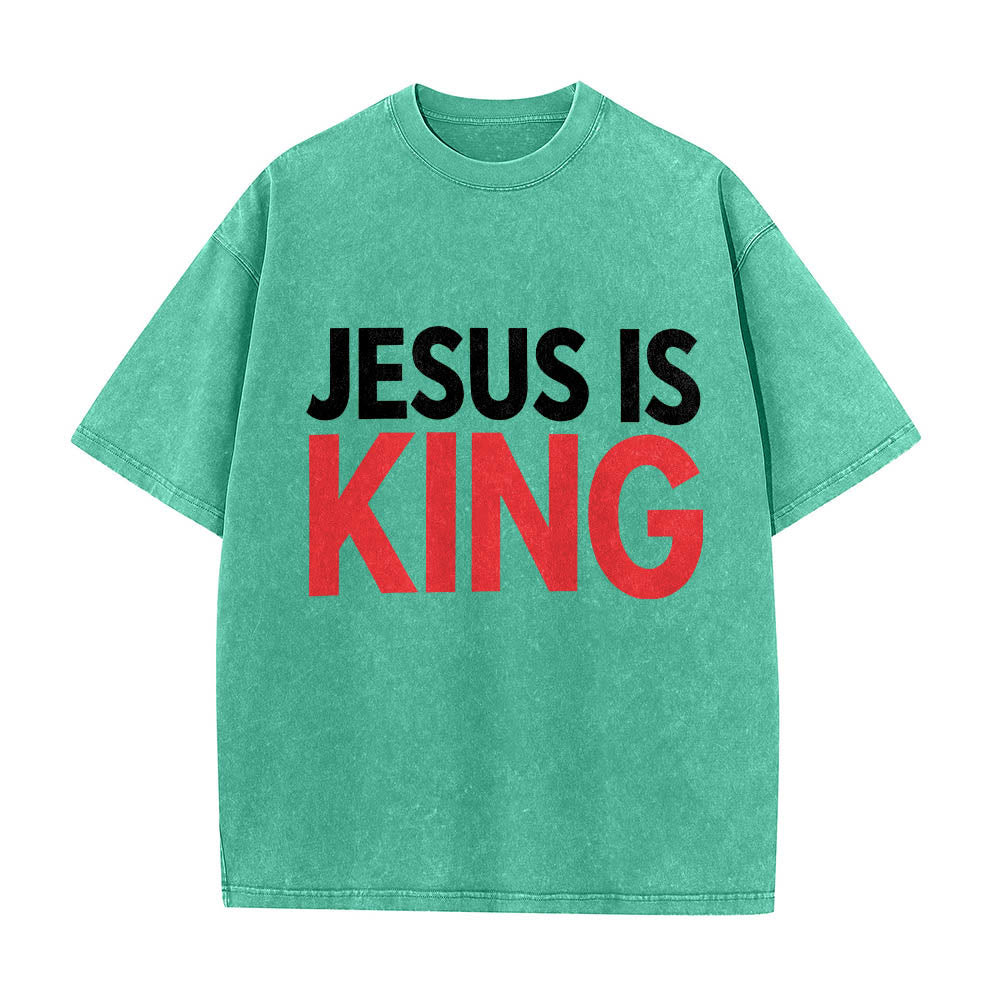 Christianartworkshop T-shirt délavé à imprimé typographique gras en blocs de deux niveaux « Jésus est roi » - Vert - 5XL - image 10