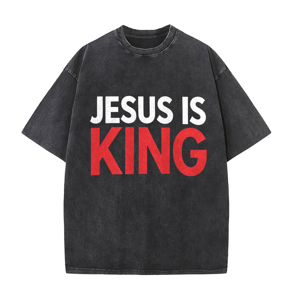 Christianartworkshop T-shirt délavé à imprimé typographique gras en blocs de deux niveaux « Jésus est roi » - Noir - 5XL - image 0