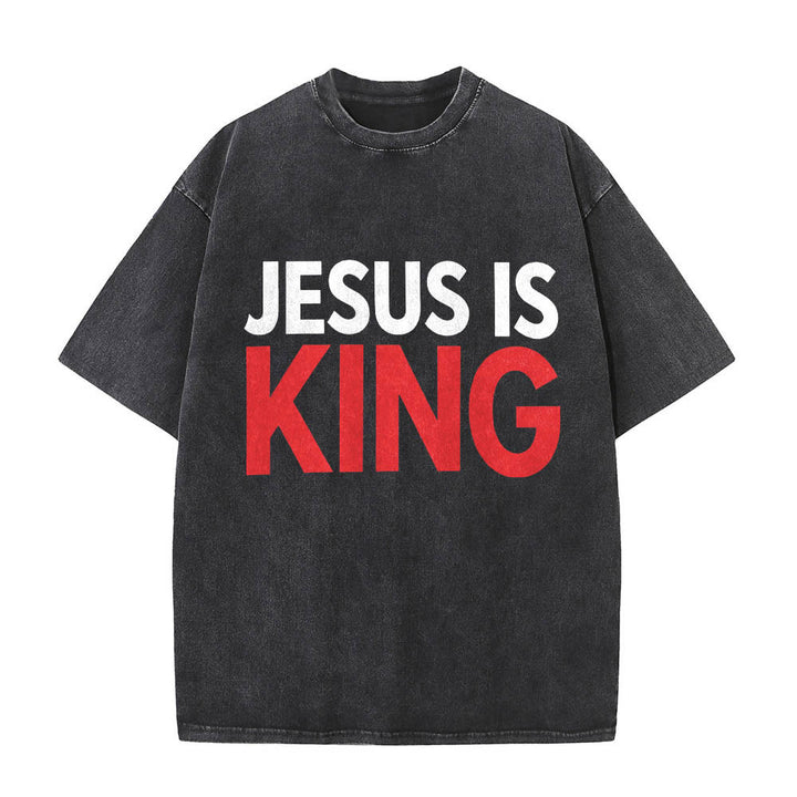 Christianartworkshop T-shirt délavé à imprimé typographique gras en blocs de deux niveaux « Jésus est roi » - Noir - 5XL - image 0