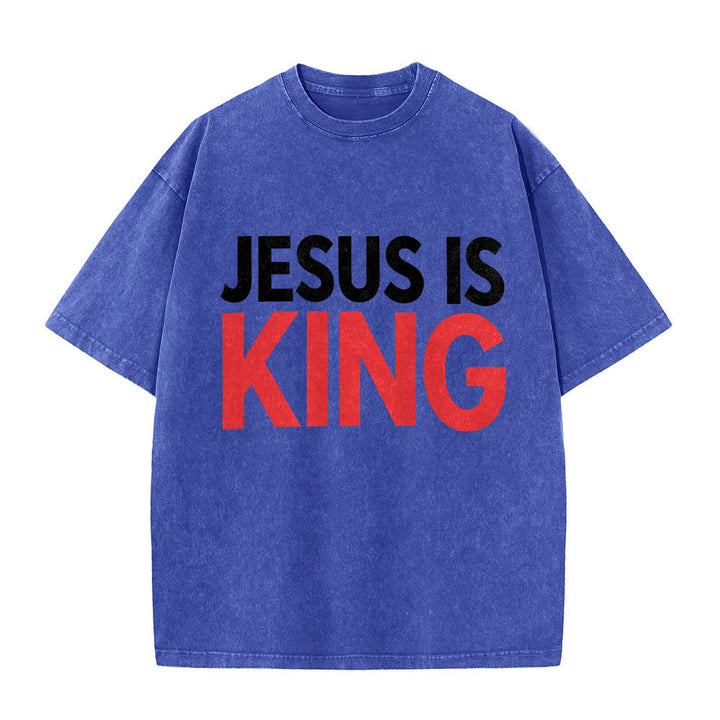 Christianartworkshop T-shirt délavé à imprimé typographique gras en blocs de deux niveaux « Jésus est roi » - Bleu - 5XL - image 8