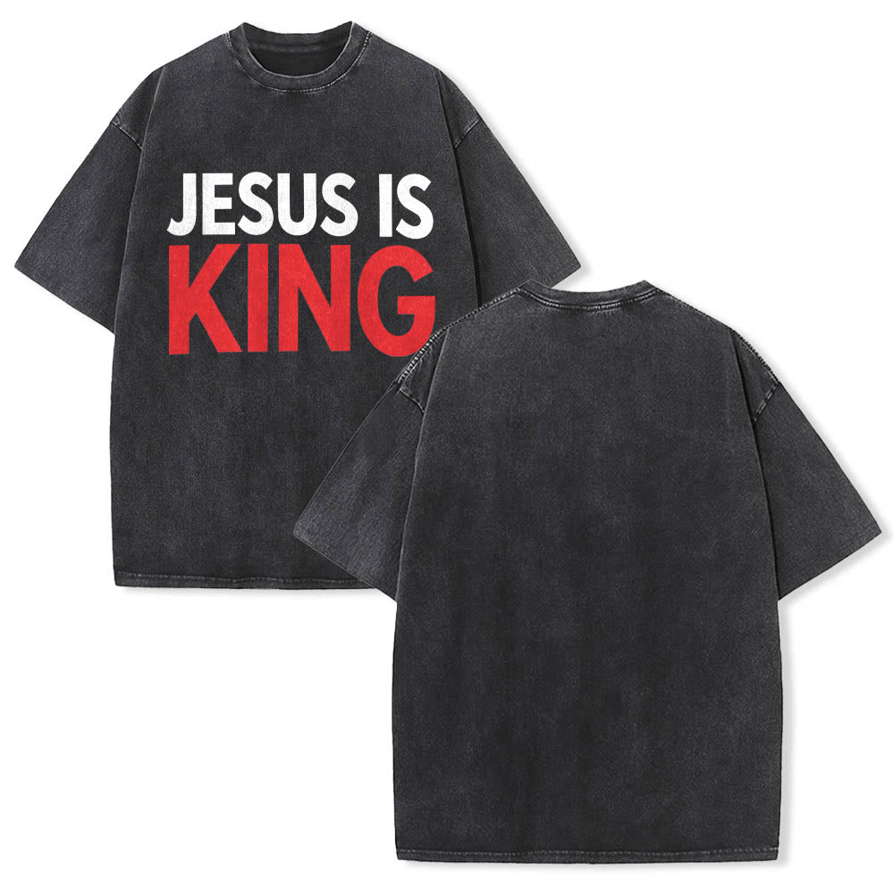 Christianartworkshop T-shirt délavé à imprimé typographique gras en blocs de deux niveaux « Jésus est roi » - image 1