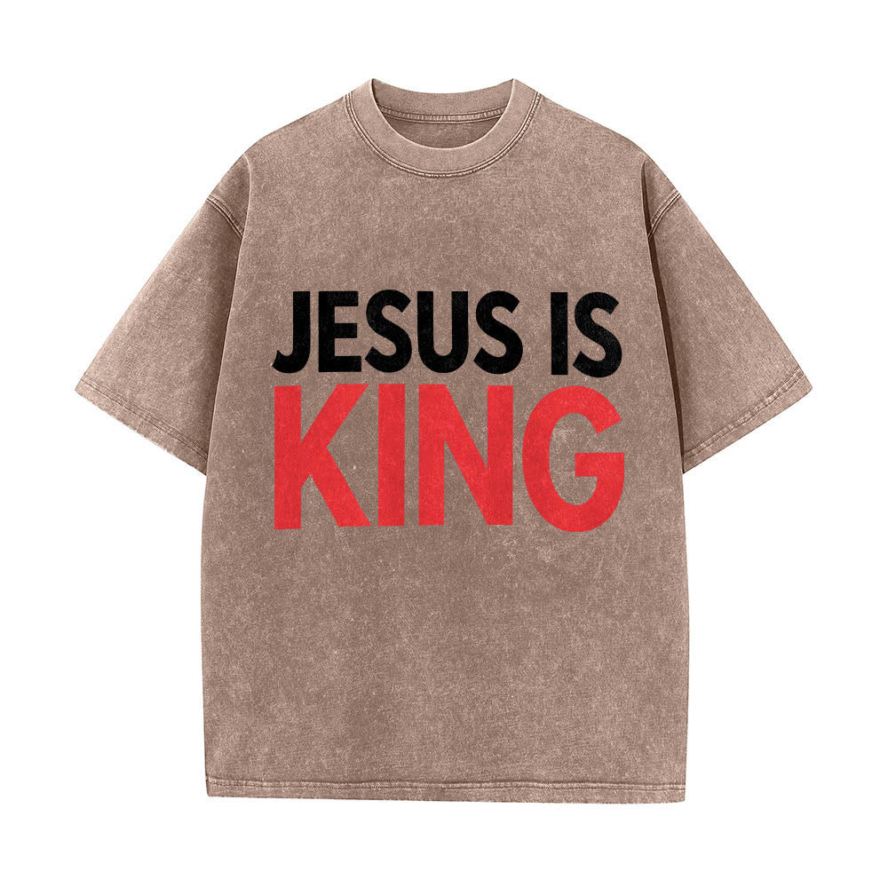Christianartworkshop T-shirt délavé à imprimé typographique gras en blocs de deux niveaux « Jésus est roi » - Brun - 5XL - image 4