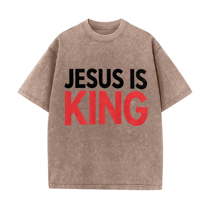 Christianartworkshop T-shirt délavé à imprimé typographique gras en blocs de deux niveaux « Jésus est roi » - Brun - 5XL - image 4