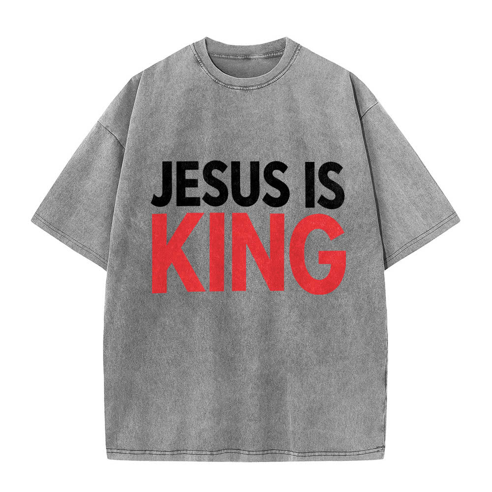 Christianartworkshop T-shirt délavé à imprimé typographique gras en blocs de deux niveaux « Jésus est roi » - Gris - 5XL - image 6