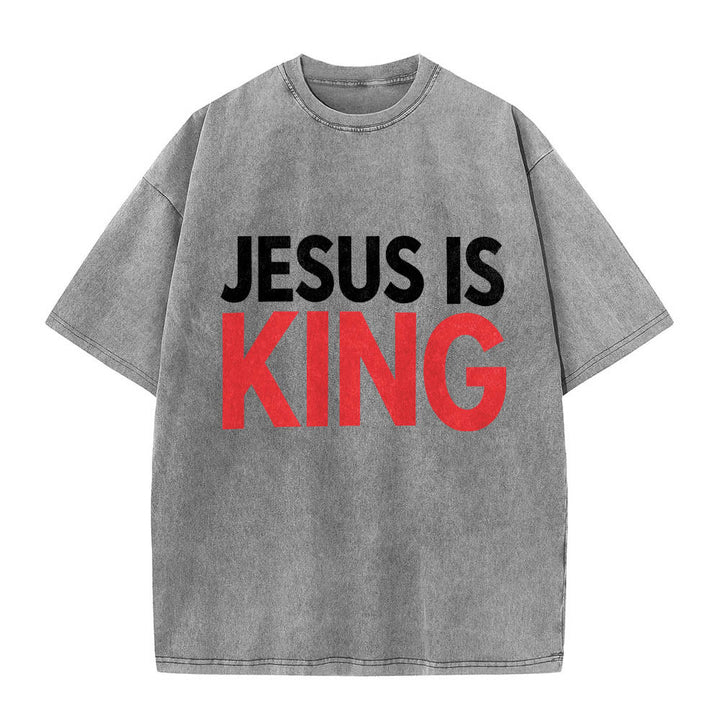 Christianartworkshop T-shirt délavé à imprimé typographique gras en blocs de deux niveaux « Jésus est roi » - Gris - 5XL - image 6