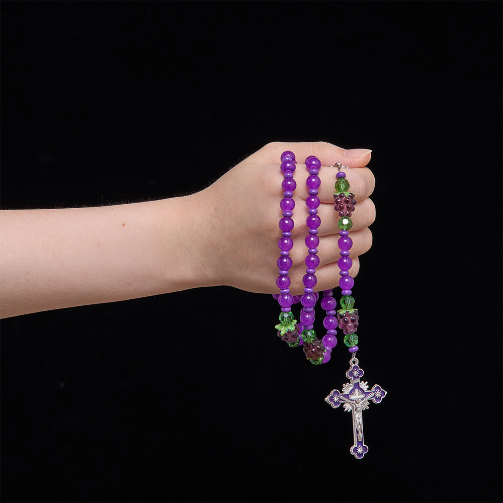 Christianartworkshop Chapelet en perles de verre en forme de raisin avec crucifix en émail : emblème de la bénédiction eucharistique céleste - image 1