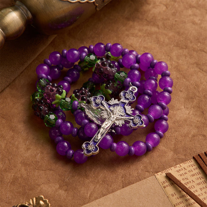 Christianartworkshop Chapelet en perles de verre en forme de raisin avec crucifix en émail : emblème de la bénédiction eucharistique céleste - image 4