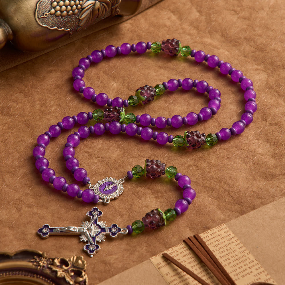 Christianartworkshop Chapelet en perles de verre en forme de raisin avec crucifix en émail : emblème de la bénédiction eucharistique céleste - image 2