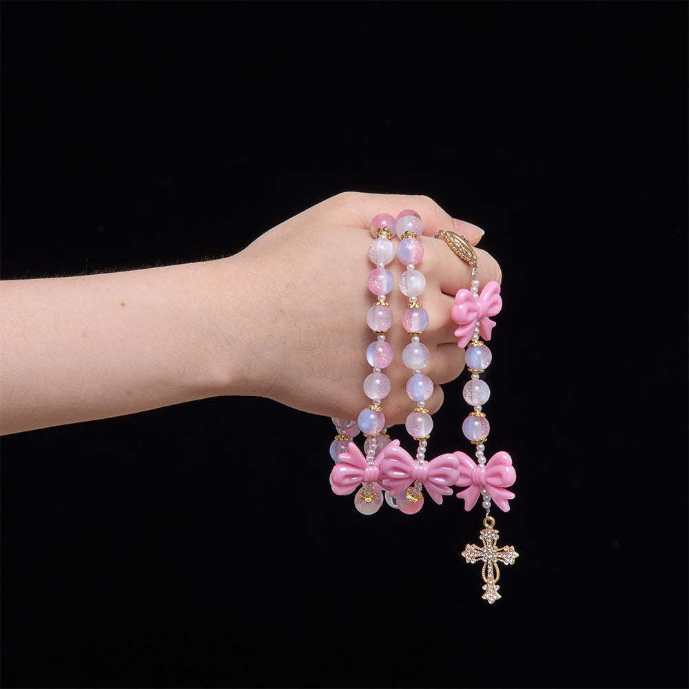 Christianartworkshop Chapelet à nœud en perles pastel pailletées avec croix ornée de pierres précieuses : emblème de la douce grâce céleste - image 1