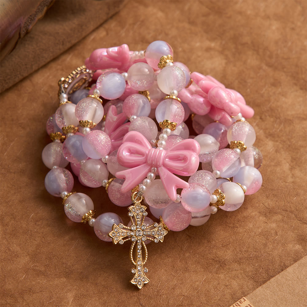 Christianartworkshop Chapelet à nœud en perles pastel pailletées avec croix ornée de pierres précieuses : emblème de la douce grâce céleste - image 4