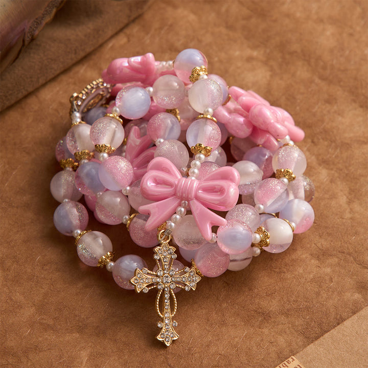 Christianartworkshop Chapelet à nœud en perles pastel pailletées avec croix ornée de pierres précieuses : emblème de la douce grâce céleste - image 4