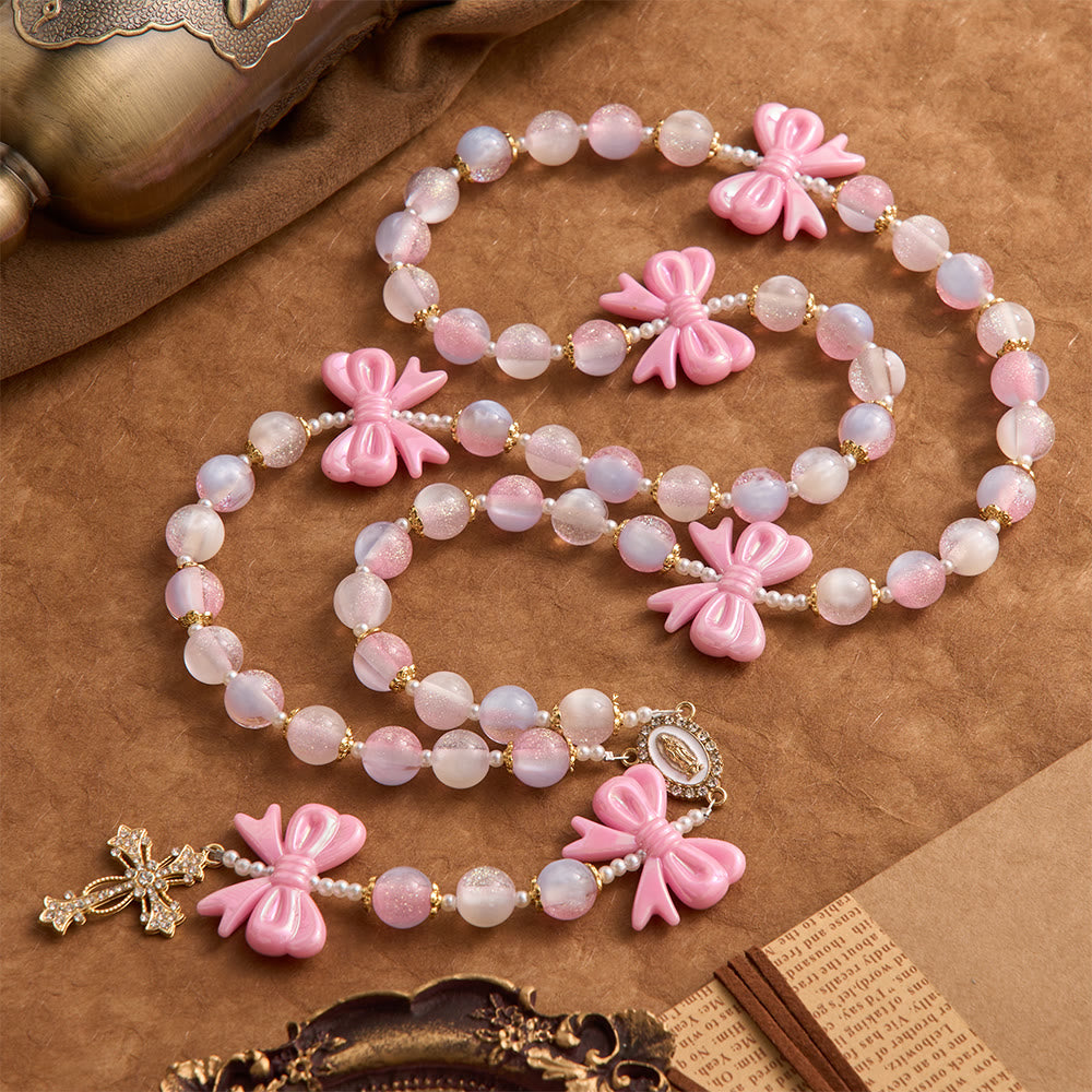 Christianartworkshop Chapelet à nœud en perles pastel pailletées avec croix ornée de pierres précieuses : emblème de la douce grâce céleste - Chapelet à nœuds aux tons doux et oniriques - image 0