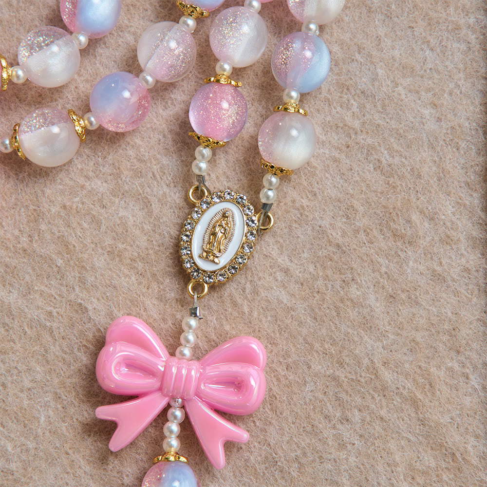 Christianartworkshop Chapelet à nœud en perles pastel pailletées avec croix ornée de pierres précieuses : emblème de la douce grâce céleste - image 6