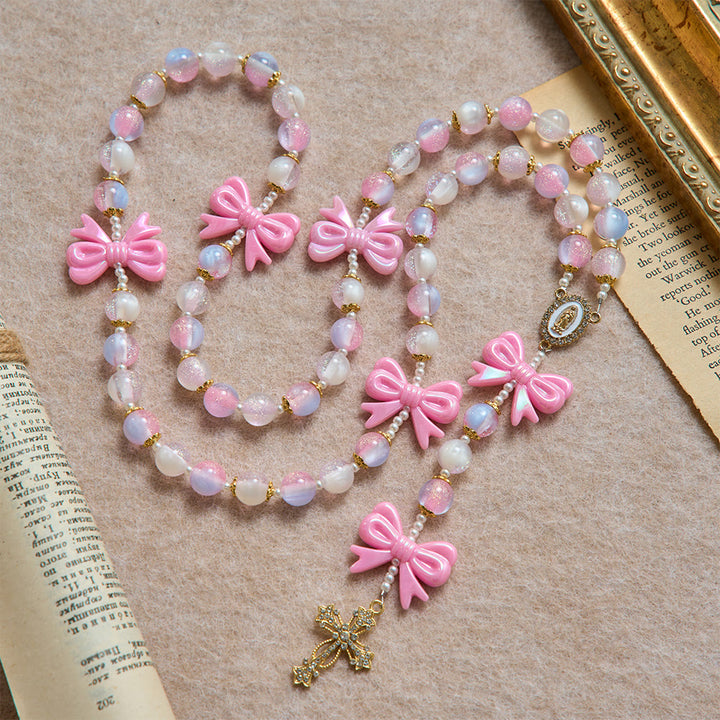 Christianartworkshop Chapelet à nœud en perles pastel pailletées avec croix ornée de pierres précieuses : emblème de la douce grâce céleste - image 3