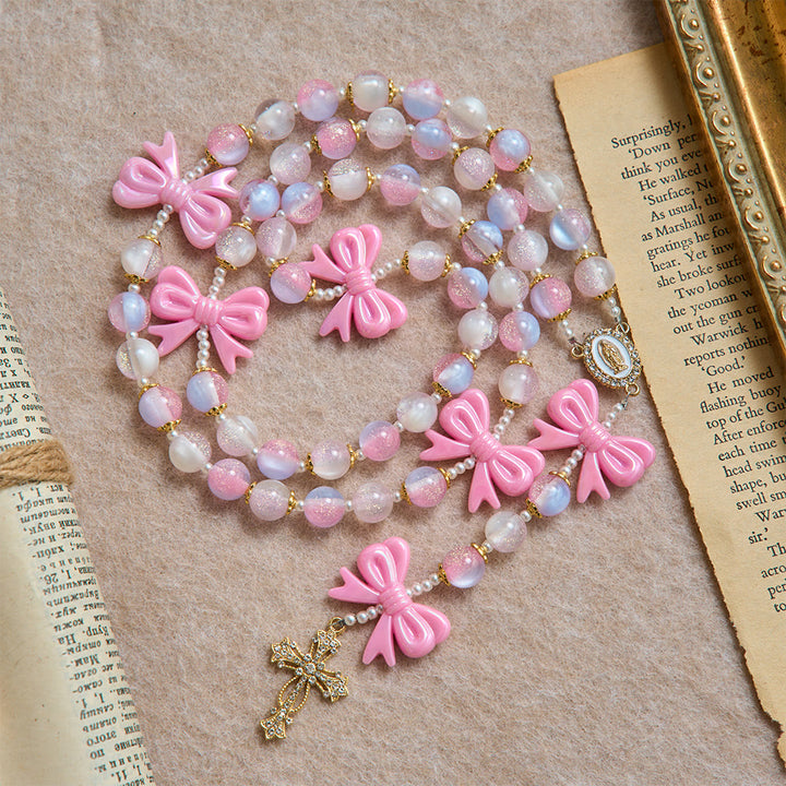 Christianartworkshop Chapelet à nœud en perles pastel pailletées avec croix ornée de pierres précieuses : emblème de la douce grâce céleste - image 2