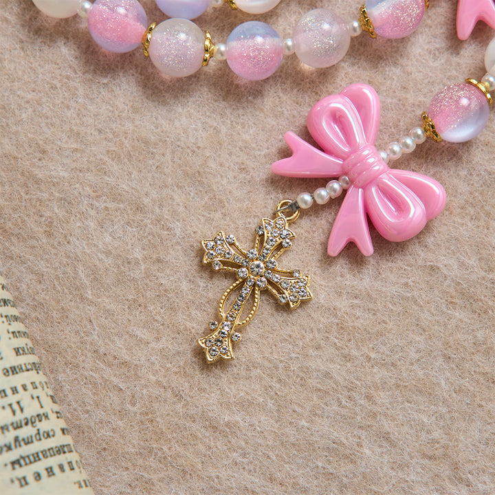 Christianartworkshop Chapelet à nœud en perles pastel pailletées avec croix ornée de pierres précieuses : emblème de la douce grâce céleste - image 7