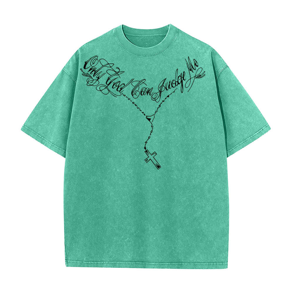Christianartworkshop T-shirt délavé avec slogan en écriture cursive à l'avant, chapelet, croix et chaîne ; couronne d'épines au dos et Jésus en prière. - image 16