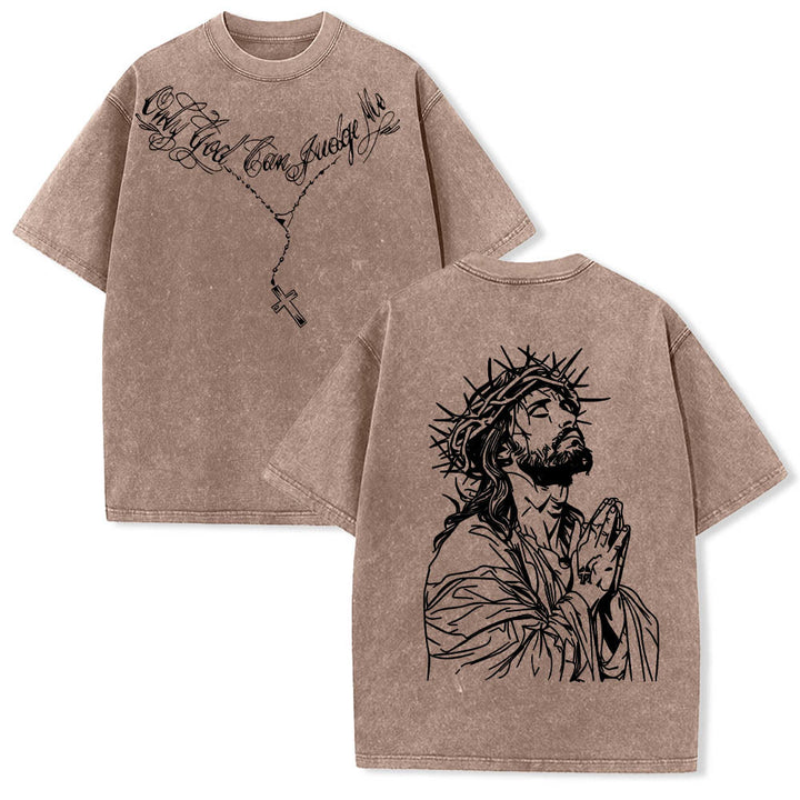 Christianartworkshop T-shirt délavé avec slogan en écriture cursive à l'avant, chapelet, croix et chaîne ; couronne d'épines au dos et Jésus en prière. - Brun - 5XL - image 6