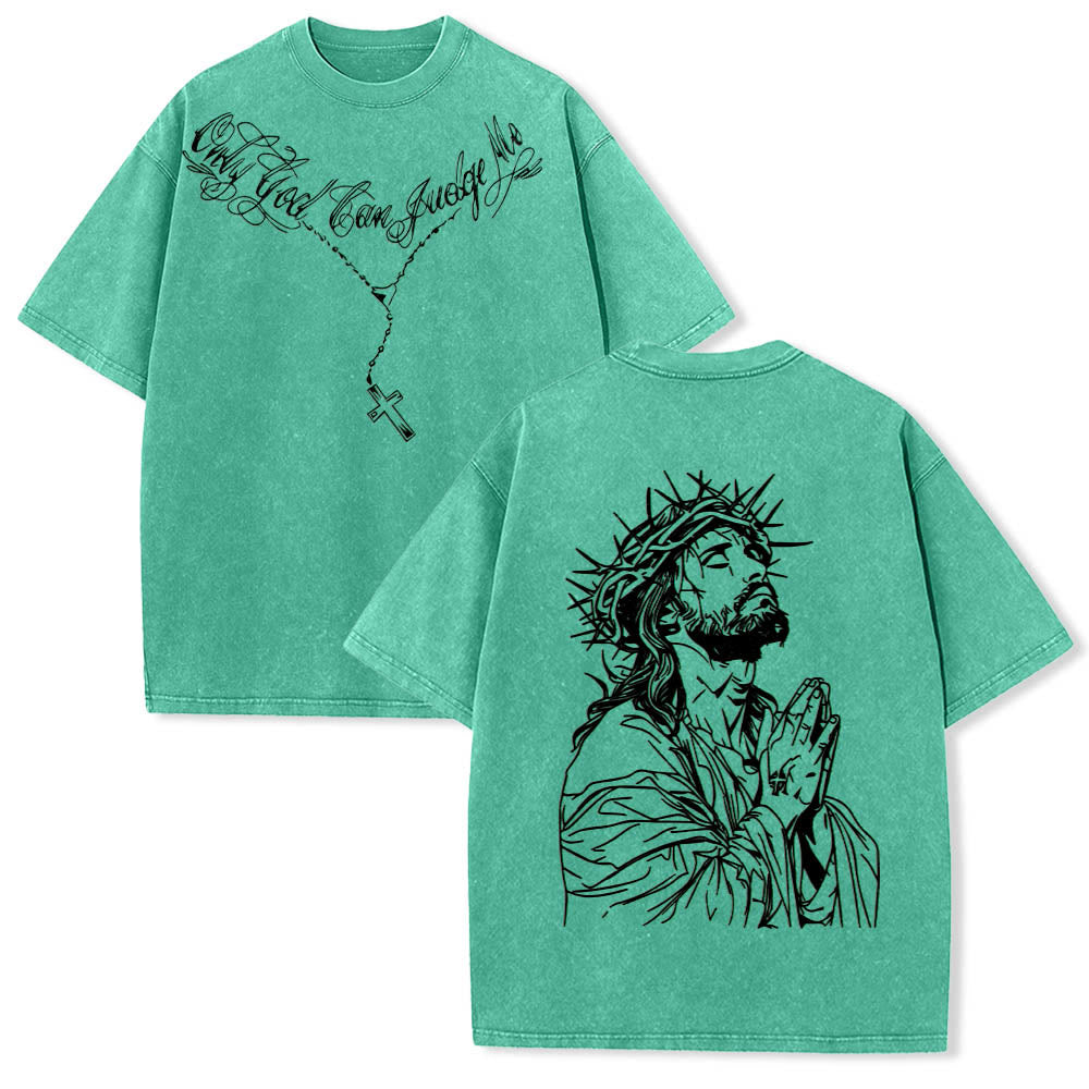 Christianartworkshop T-shirt délavé avec slogan en écriture cursive à l'avant, chapelet, croix et chaîne ; couronne d'épines au dos et Jésus en prière. - Vert - 5XL - image 15