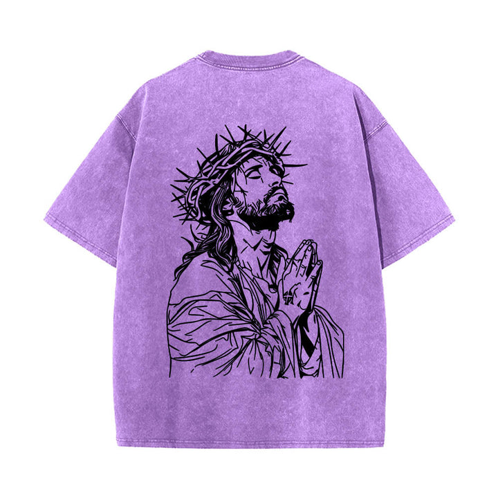 Christianartworkshop T-shirt délavé avec slogan en écriture cursive à l'avant, chapelet, croix et chaîne ; couronne d'épines au dos et Jésus en prière. - image 20
